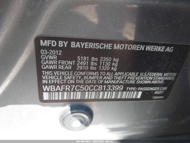 46013919 :رقم المزاد ، WBAFR7C50CC813399 vin ، 2012 Bmw 535i مزاد بيع
