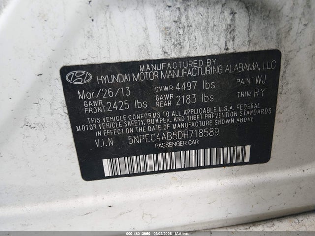 2013 Hyundai Sonata Limited 2.0t მანქანა იყიდება აუქციონზე, vin: 5NPEC4AB5DH718589, აუქციონის ნომერი: 46013960