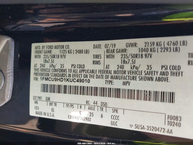 2019 Ford Escape Sel მანქანა იყიდება აუქციონზე, vin: 1FMCU9HD1KUC49010, აუქციონის ნომერი: 46013984