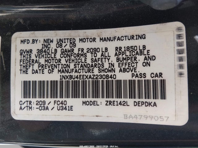 2010 Toyota Corolla Le მანქანა იყიდება აუქციონზე, vin: 1NXBU4EEXAZ230840, აუქციონის ნომერი: 46013988