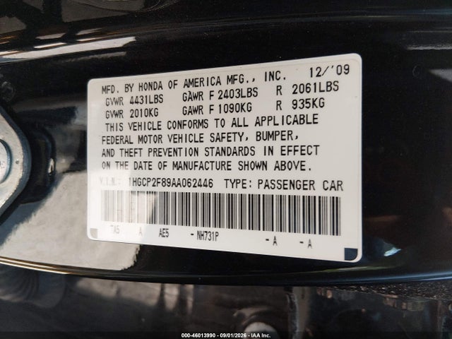 46013990 :رقم المزاد ، 1HGCP2F89AA062446 vin ، 2010 Honda Accord 2.4 Ex-l مزاد بيع