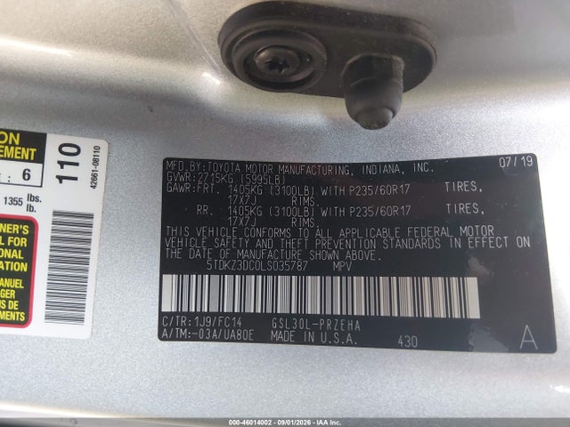 2020 Toyota Sienna Le მანქანა იყიდება აუქციონზე, vin: 5TDKZ3DC0LS035787, აუქციონის ნომერი: 46014002