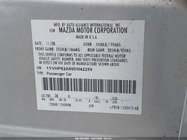 Aukcja sprzedaży 2009 Mazda Mazda6 I Touring, vin: 1YVHP82A695M42259, numer aukcji: 46014003