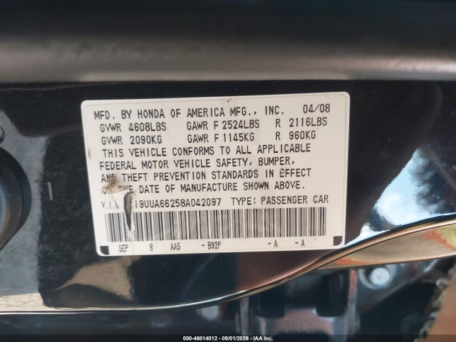 2008 Acura Tl 3.2 მანქანა იყიდება აუქციონზე, vin: 19UUA66258A042097, აუქციონის ნომერი: 46014012