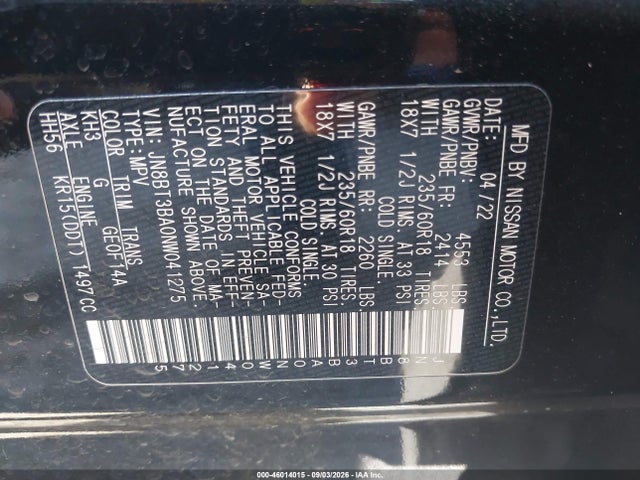 Продаж на аукціоні авто 2022 Nissan Rogue Sv Fwd, vin: JN8BT3BA0NW041275, номер лоту: 46014015