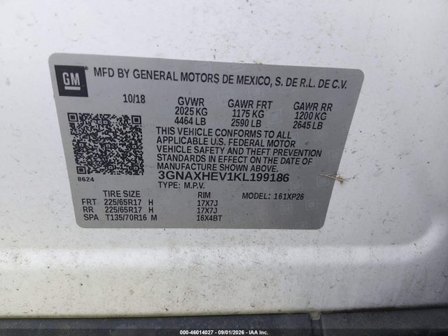46014027 :رقم المزاد ، 3GNAXHEV1KL199186 vin ، 2019 Chevrolet Equinox Ls مزاد بيع