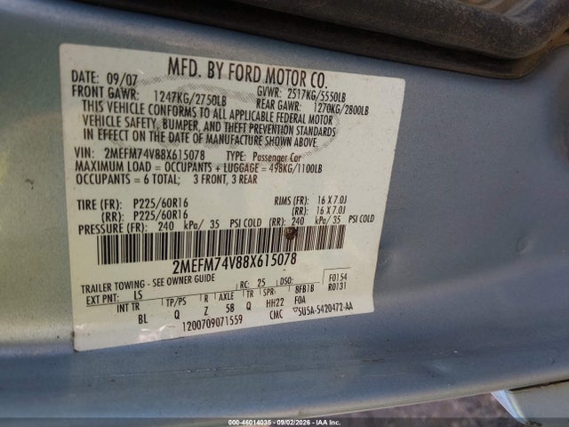 46014035 :رقم المزاد ، 2MEFM74V88X615078 vin ، 2008 Mercury Grand Marquis Gs مزاد بيع