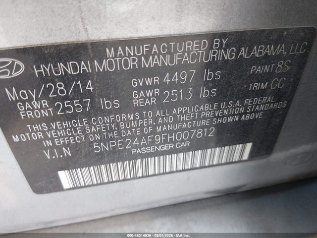 2015 Hyundai Sonata Se მანქანა იყიდება აუქციონზე, vin: 5NPE24AF9FH007812, აუქციონის ნომერი: 46014036