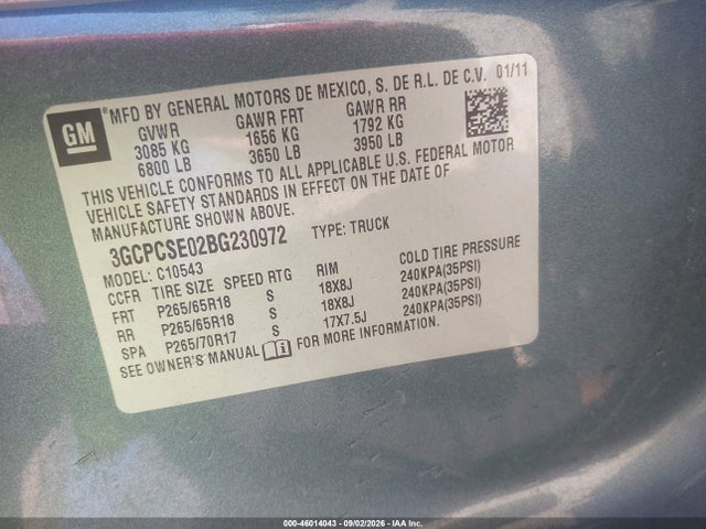 46014043 :رقم المزاد ، 3GCPCSE02BG230972 vin ، 2011 Chevrolet Silverado 1500 Lt مزاد بيع