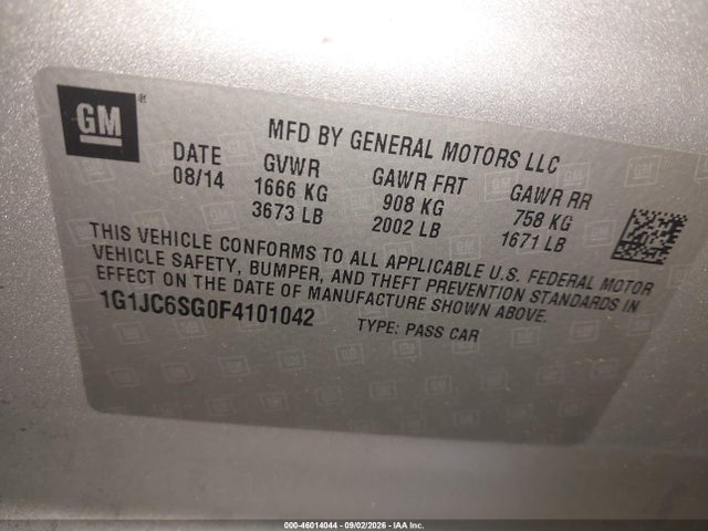Aukcja sprzedaży 2015 Chevrolet Sonic Lt Auto, vin: 1G1JC6SG0F4101042, numer aukcji: 46014044