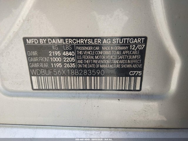 2008 Mercedes-benz E 350 მანქანა იყიდება აუქციონზე, vin: WDBUF56X18B283590, აუქციონის ნომერი: 46014049