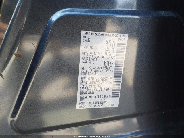 46014055 :رقم المزاد ، 5N1AL0MM5DC352936 vin ، 2013 Infiniti Jx35 مزاد بيع