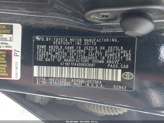 2013 Toyota Camry Se მანქანა იყიდება აუქციონზე, vin: 4T1BF1FK4DU693087, აუქციონის ნომერი: 46014066