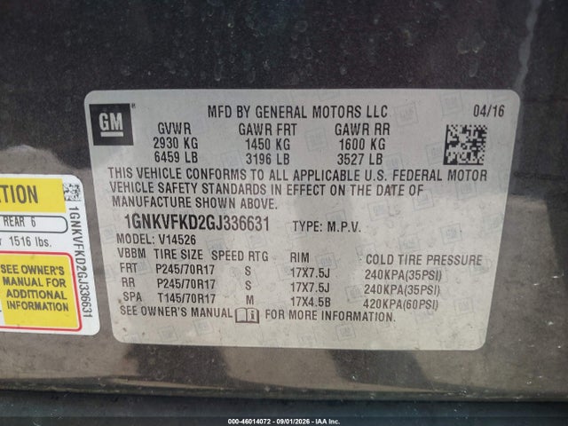 Aukcja sprzedaży 2016 Chevrolet Traverse Ls, vin: 1GNKVFKD2GJ336631, numer aukcji: 46014072