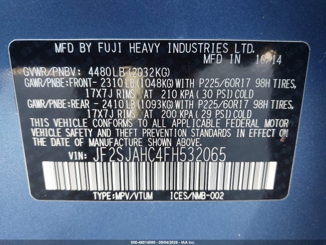 Aukcja sprzedaży 2015 Subaru Forester 2.5i Limited, vin: JF2SJAHC4FH532065, numer aukcji: 46014080