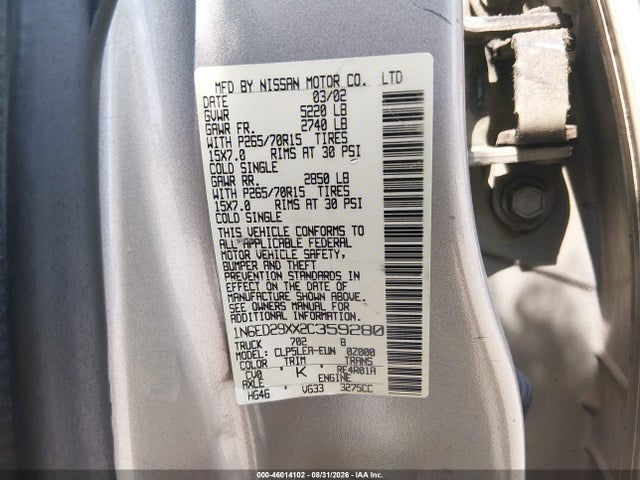 46014102 :رقم المزاد ، 1N6ED29XX2C359280 vin ، 2002 Nissan Frontier Xe-v6 مزاد بيع