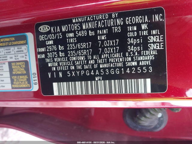 46014105 :رقم المزاد ، 5XYPG4A53GG142553 vin ، 2016 Kia Sorento 3.3l Lx مزاد بيع