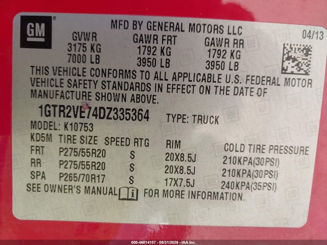 Aukcja sprzedaży 2013 Gmc Sierra 1500 Sle, vin: 1GTR2VE74DZ335364, numer aukcji: 46014107