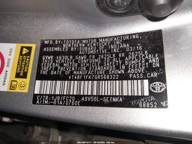 Продажа на аукционе авто 2016 Toyota Camry Le, vin: 4T4BF1FK7GR568322, номер лота: 46014117
