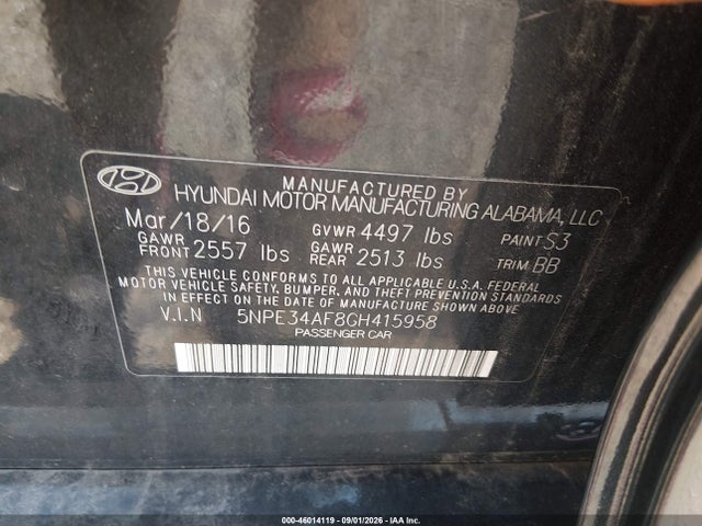 46014119 :رقم المزاد ، 5NPE34AF8GH415958 vin ، 2016 Hyundai Sonata Sport مزاد بيع
