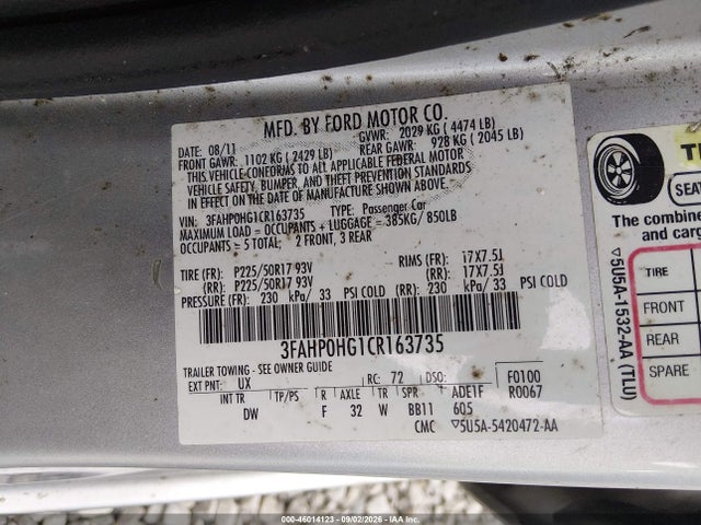 Aukcja sprzedaży 2012 Ford Fusion Se, vin: 3FAHP0HG1CR163735, numer aukcji: 46014123