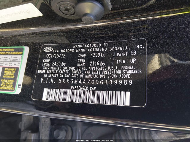Aukcja sprzedaży 2013 Kia Optima Lx, vin: 5XXGM4A70DG139989, numer aukcji: 46014127