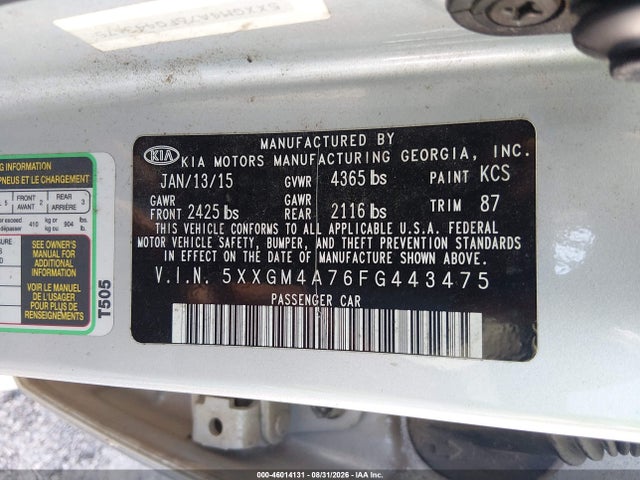 Продаж на аукціоні авто 2015 Kia Optima Lx, vin: 5XXGM4A76FG443475, номер лоту: 46014131
