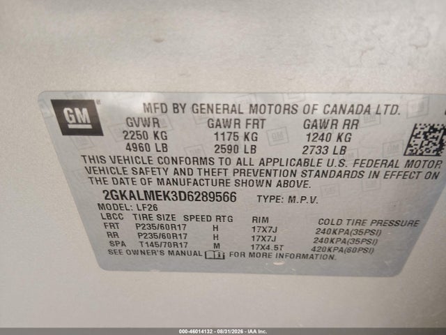 2013 Gmc Terrain Sle-1 მანქანა იყიდება აუქციონზე, vin: 2GKALMEK3D6289566, აუქციონის ნომერი: 46014132