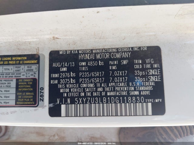 46014133 :رقم المزاد ، 5XYZU3LB1DG118830 vin ، 2013 Hyundai Santa Fe Sport مزاد بيع
