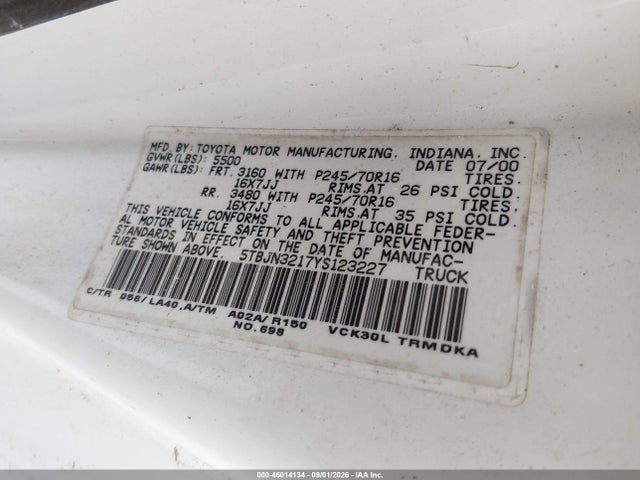 Aukcja sprzedaży 2000 Toyota Tundra, vin: 5TBJN3217YS123227, numer aukcji: 46014134