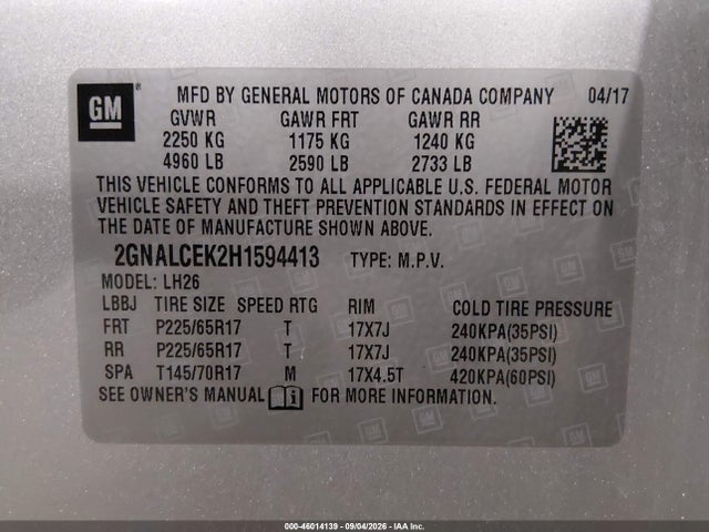 2017 Chevrolet Equinox Lt მანქანა იყიდება აუქციონზე, vin: 2GNALCEK2H1594413, აუქციონის ნომერი: 46014139