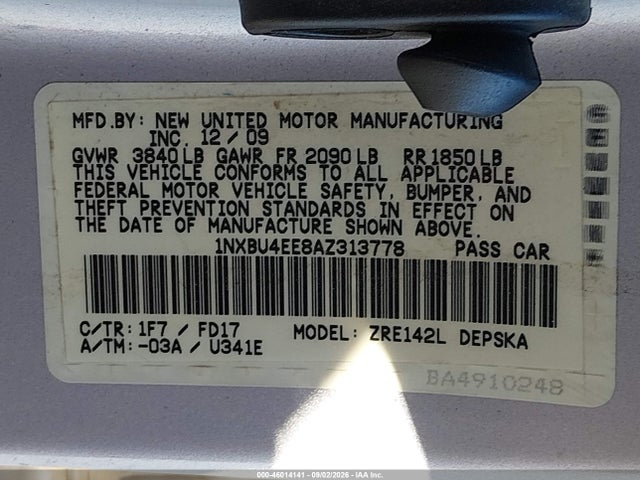 Aukcja sprzedaży 2010 Toyota Corolla S, vin: 1NXBU4EE8AZ313778, numer aukcji: 46014141