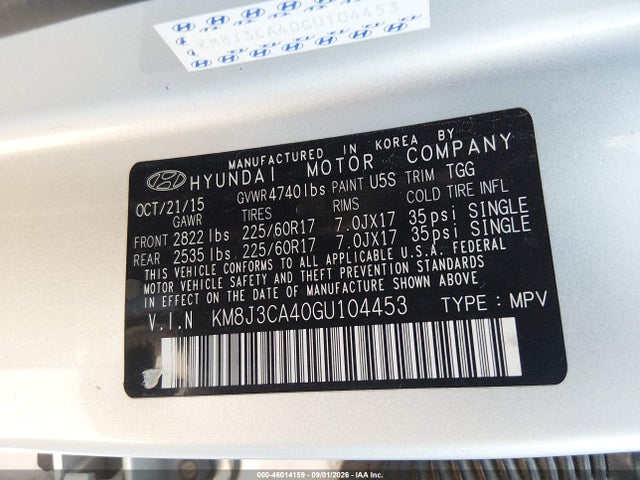 Продажа на аукционе авто 2016 Hyundai Tucson Se, vin: KM8J3CA40GU104453, номер лота: 46014159