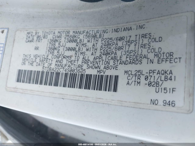 46014186 :رقم المزاد ، 5TDBA22C74S003635 vin ، 2004 Toyota Sienna Xle مزاد بيع