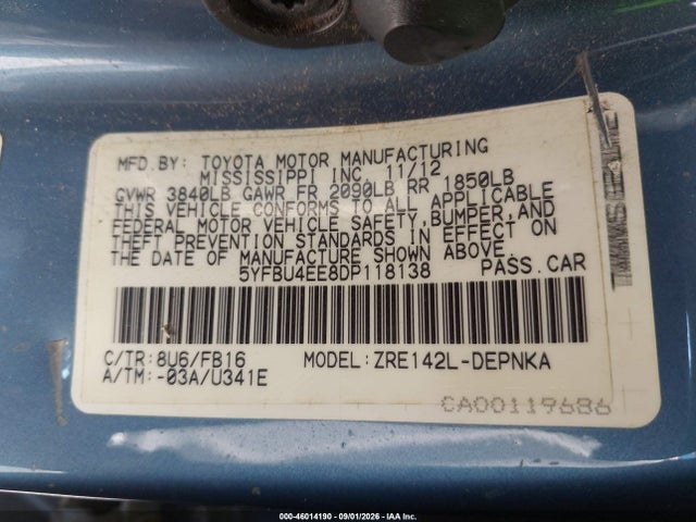 46014190 :رقم المزاد ، 5YFBU4EE8DP118138 vin ، 2013 Toyota Corolla Le مزاد بيع
