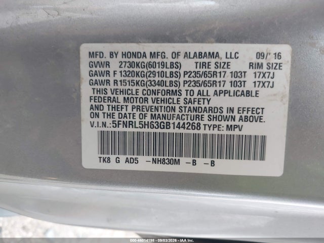 Aukcja sprzedaży 2016 Honda Odyssey Ex-l, vin: 5FNRL5H63GB144268, numer aukcji: 46014198