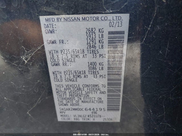 46014199 :رقم المزاد ، 5N1AR2MM0DC644195 vin ، 2013 Nissan Pathfinder S/sv/sl/platinum مزاد بيع