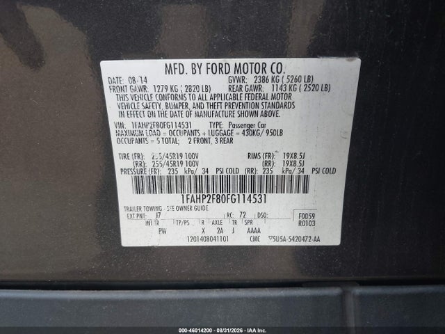 Aukcja sprzedaży 2015 Ford Taurus Limited, vin: 1FAHP2F80FG114531, numer aukcji: 46014200