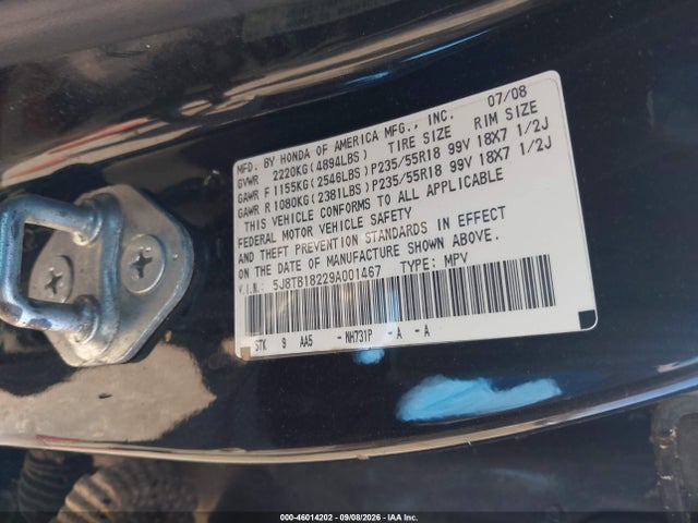 46014202 :رقم المزاد ، 5J8TB18229A001467 vin ، 2009 Acura Rdx مزاد بيع