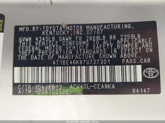 2007 Toyota Camry Le მანქანა იყიდება აუქციონზე, vin: 4T1BE46K87U727301, აუქციონის ნომერი: 46014209