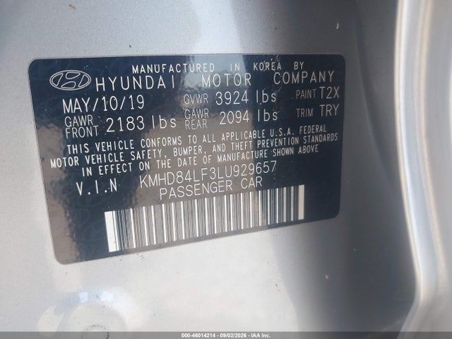 Продажа на аукционе авто 2020 Hyundai Elantra Value Edition, vin: KMHD84LF3LU929657, номер лота: 46014214