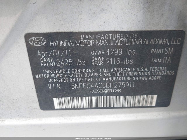 Aukcja sprzedaży 2011 Hyundai Sonata Se, vin: 5NPEC4AC6BH275911, numer aukcji: 46014215