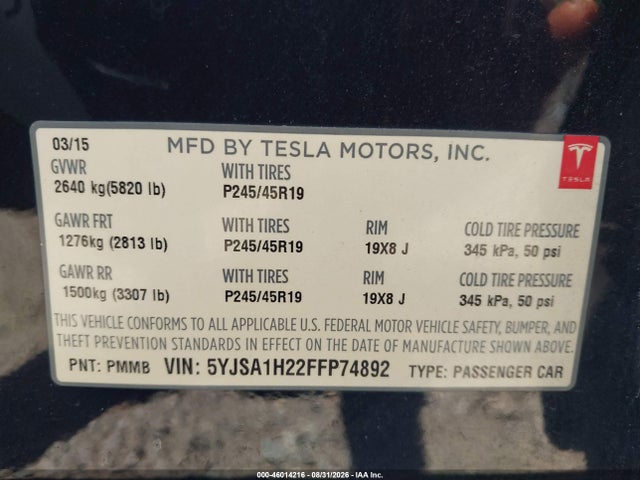 Aukcja sprzedaży 2015 Tesla Model S 70d/85d/p85d, vin: 5YJSA1H22FFP74892, numer aukcji: 46014216