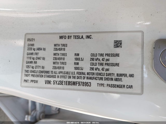 Продаж на аукціоні авто 2021 Tesla Model 3 Long Range Dual Motor All-wheel Drive, vin: 5YJ3E1EB5MF978953, номер лоту: 46014218