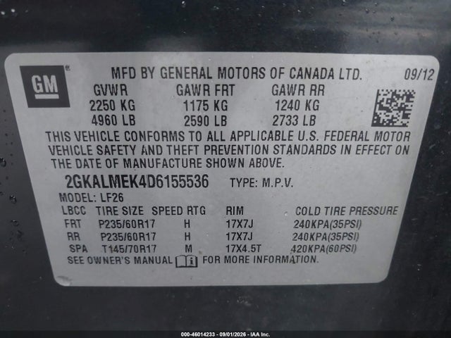 46014233 :رقم المزاد ، 2GKALMEK4D6155536 vin ، 2013 Gmc Terrain Sle-1 مزاد بيع