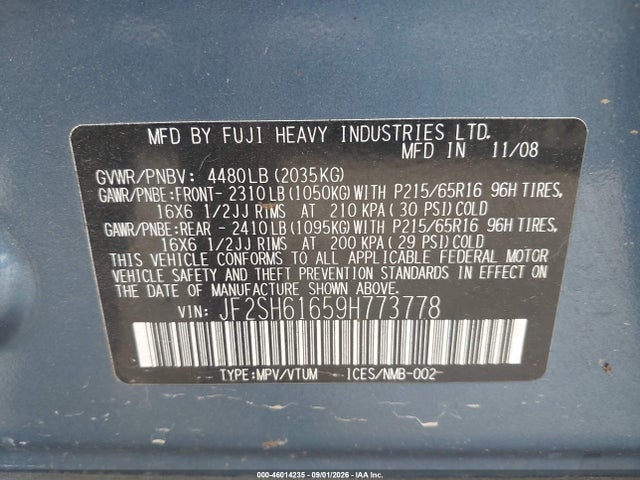 Продаж на аукціоні авто 2009 Subaru Forester 2.5x, vin: JF2SH61659H773778, номер лоту: 46014235