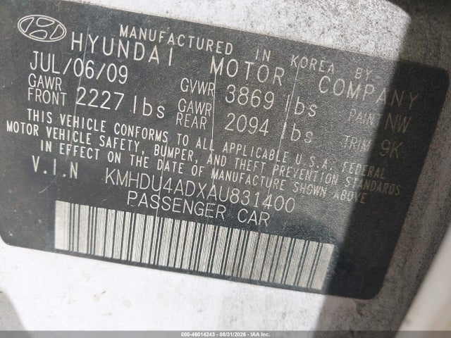 Продажа на аукционе авто 2010 Hyundai Elantra Gls, vin: KMHDU4ADXAU831400, номер лота: 46014243