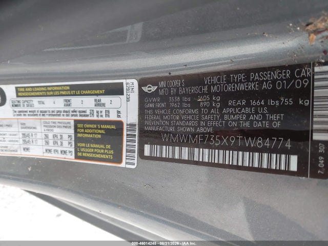 Продажа на аукционе авто 2009 Mini Cooper S, vin: WMWMF735X9TW84774, номер лота: 46014245