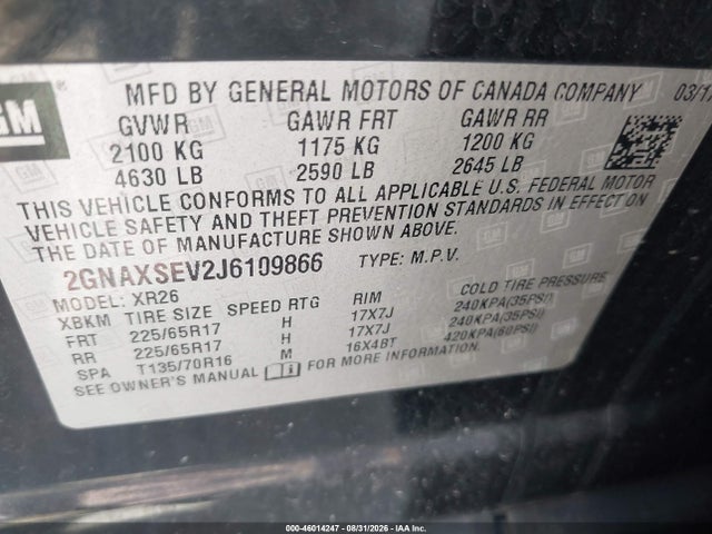 2018 Chevrolet Equinox Lt მანქანა იყიდება აუქციონზე, vin: 2GNAXSEV2J6109866, აუქციონის ნომერი: 46014247