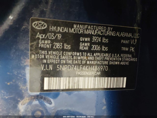 Aukcja sprzedaży 2019 Hyundai Elantra Se, vin: 5NPD74LF4KH486970, numer aukcji: 46014262